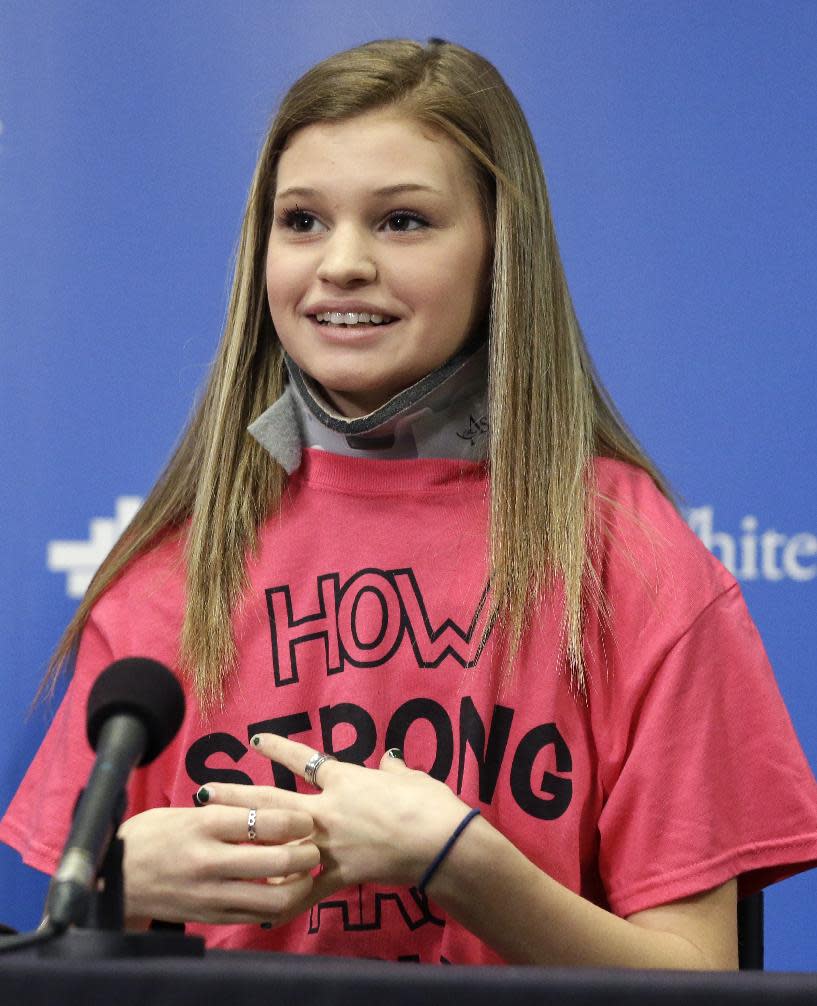 Makenzie Wethington speaks during a news conference at Baylor University Medical Center Thursday, Feb. 13, 2014, in Dallas. Wethington spoke for the first time publicly since she survived a fall of more than 3,000 feet in a Jan. 25, 2014 skydiving accident in Oklahoma. Her doctor has said she's walking with assistance and is expected to recover. Her injuries included damage to her liver and a broken pelvis, lumbar spine in her lower back, shoulder blade, several ribs and teeth. (AP Photo/LM Otero)