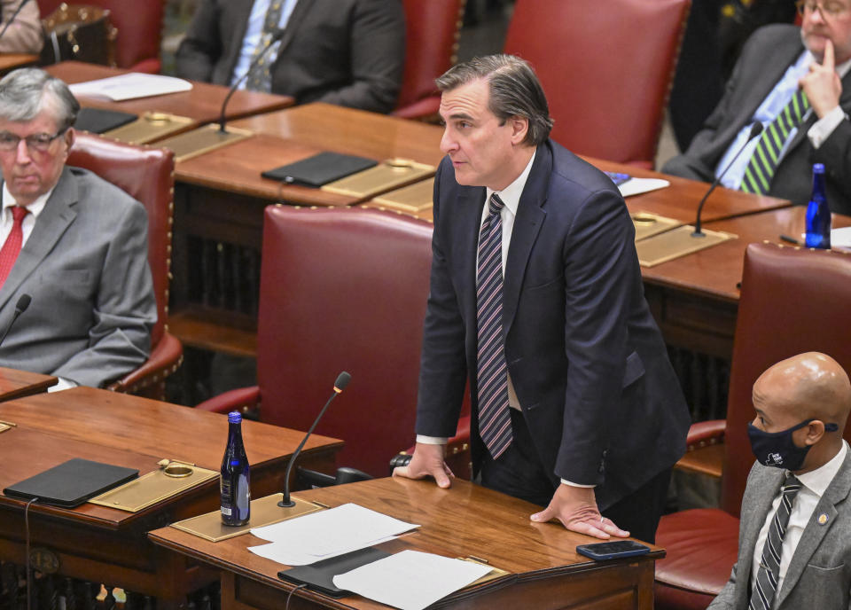 Senator Deputy Majority Leader, Michael Gianaris, D-Astoria, debates legislation to approve a legislative pay raise during a special legislative session in the Senate Chamber at the state Capitol Thursday, Dec. 22, 2022, in Albany, N.Y. (AP Photo/Hans Pennink)