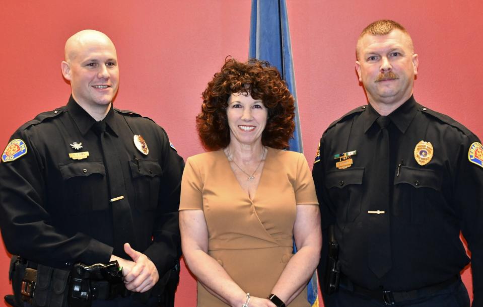 Mayor Sherry Capello  announced Friday the promotion of former Captain Bret Fisher, right, as chief of the Lebanon City Police Department. Former Lt. Eric Sims, left, was promoted to be the new police captain.