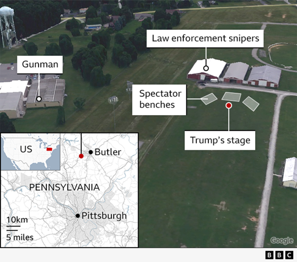 A map showing the distance to alleged shooter Thomas Matthew Crooks who shot Trump