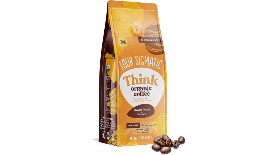 Dark Roast Organic Whole Bean Coffee by Four Sigmatic | Fair Trade Coffee Beans Coated with Lion's Mane, Chaga Mushrooms | Nootropic Mushroom Coffee for Enhanced Brain Function & Immune Support | 12oz. (Photo: Amazon SG)