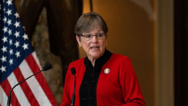 PHOTO: Laura Kelly, governor of Kansas, speaks during a ceremony unveiling a statue of Amelia Earhart in Statuary Hall at the U.S. Capitol in Washington, July 27, 2022. (Bloomberg via Getty Images)