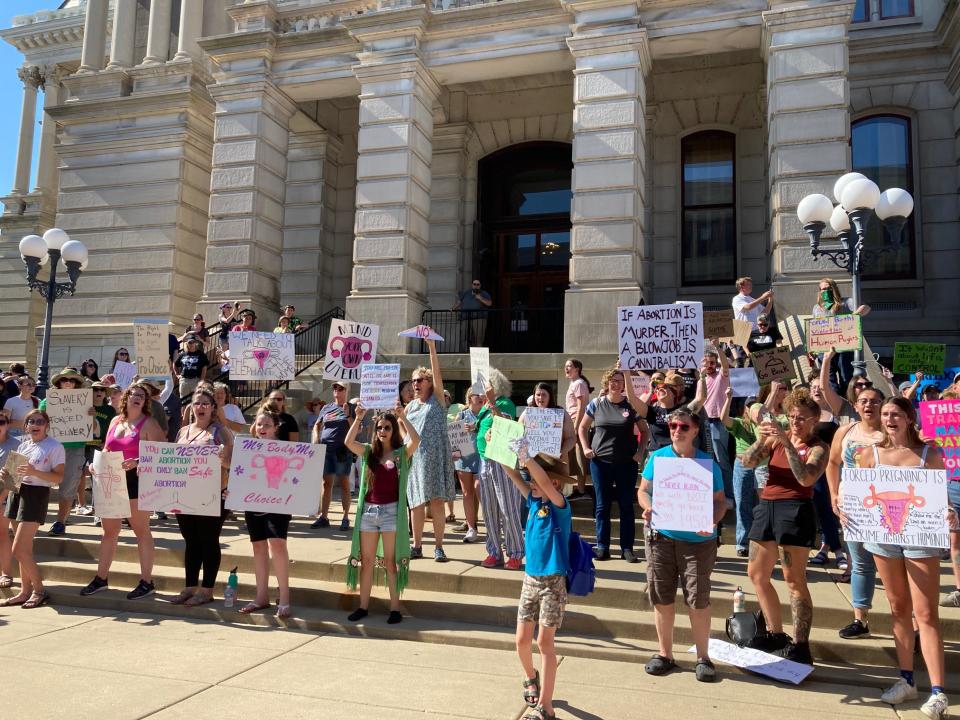 Around 400 people gathered at the Tippecanoe County Courthouse June 29, 2022, in Lafayette, Ind., to demonstrate against Supreme Court’s decision overturning Roe v. Wade, sending the decision on legal abortions back to state legislatures. Chants could be heard from almost a block away.