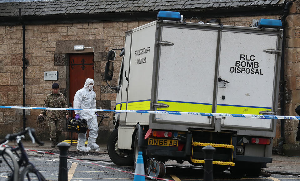 Bomb disposal experts at the University of Glasgow’s mailroom last week (Picture: PA)