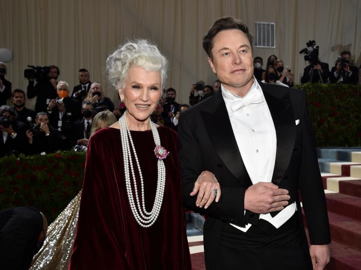 Maye Musk, left, and Elon Musk attend The Metropolitan Museum of Art&#39;s Costume Institute benefit gala celebrating the opening of the &quot;In America: An Anthology of Fashion&quot; exhibition on Monday, May 2, 2022, in New York.