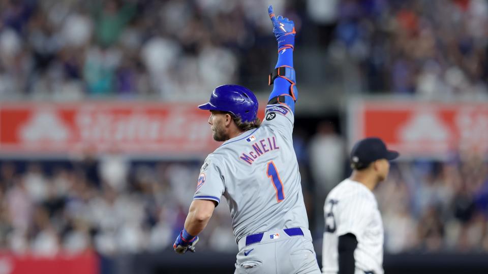 July 23, 2024;  Bronx, New York, USA;  New York Mets second baseman Jeff McNeil (1) celebrates as he rounds the bases after hitting a two-run home run against the New York Yankees during the sixth inning at Yankee Stadium. 