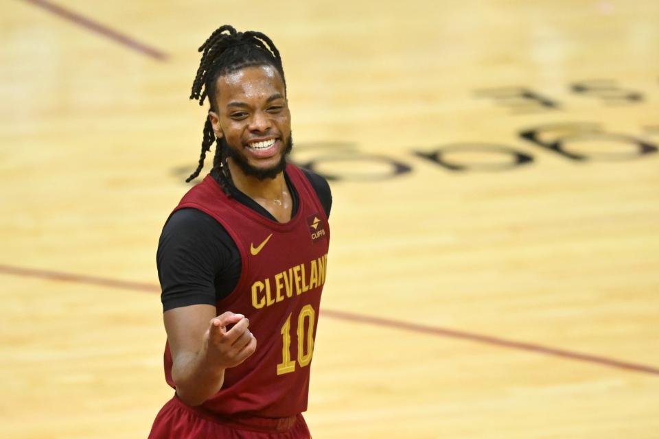 Mar 25, 2024; Cleveland, Ohio, USA; Cleveland Cavaliers guard Darius Garland (10) reacts in the fourth quarter against the Charlotte Hornets at Rocket Mortgage FieldHouse. Mandatory Credit: David Richard-USA TODAY Sports