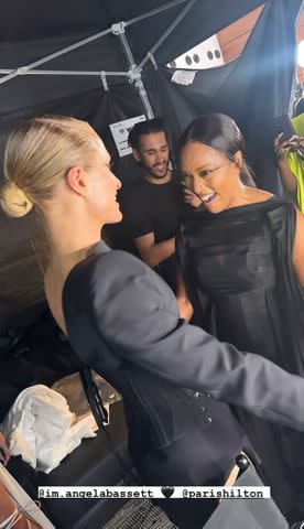 <p>nickyhilton/Instagram</p> Paris Hilton and Angela Bassett at Mugler's Paris Fashion Week show.