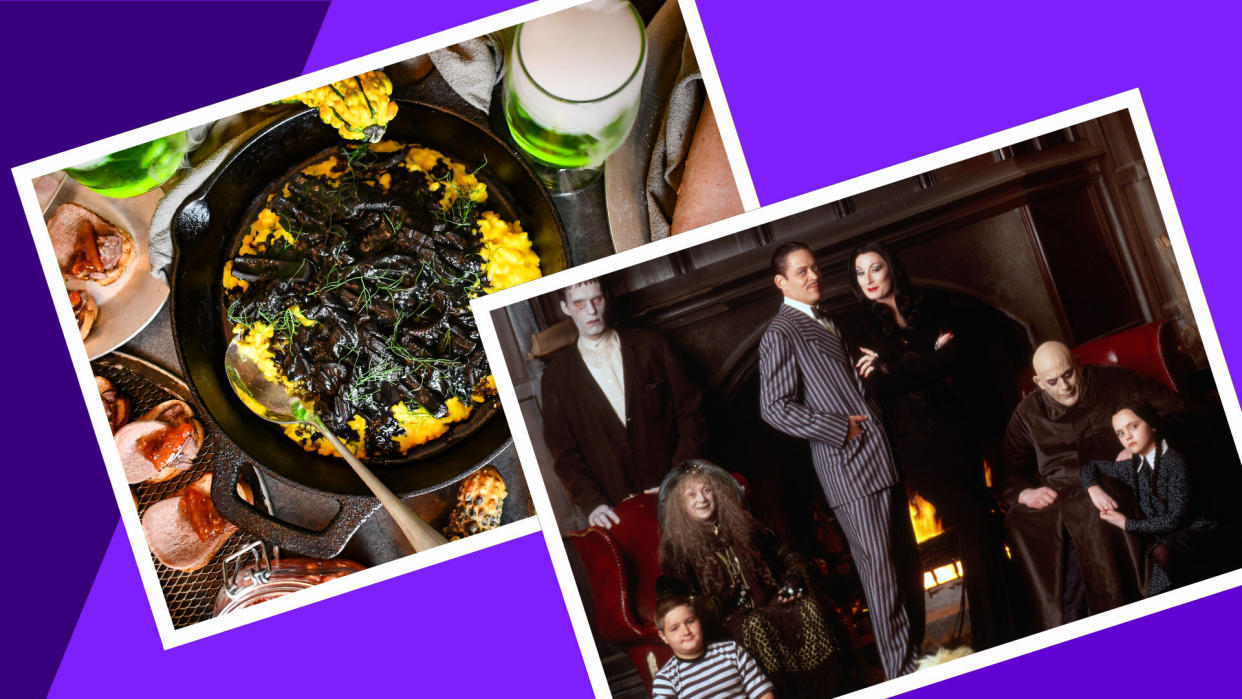 Watch The Addams Family and cook this spooky dinner: Blood Orange Tongue Toasts, Squid Ink Calamari and a Poisoned Apple Martini. (Photos: Everett Collection; Jenny Kellerhals)
