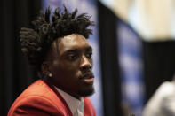 Nassir Little, a freshman basketball player from North Carolina, attends the NBA Draft media availability, Wednesday, June 19, 2019, in New York. The draft will be held Thursday, June 20. (AP Photo/Mark Lennihan)