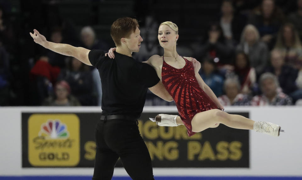 Evgenia Tarasova and Vladimir Morozov, of Russia, perform during the pairs short program at Skate America, Friday, Oct. 19, 2018, in Everett, Wash. (AP Photo/Ted S. Warren)