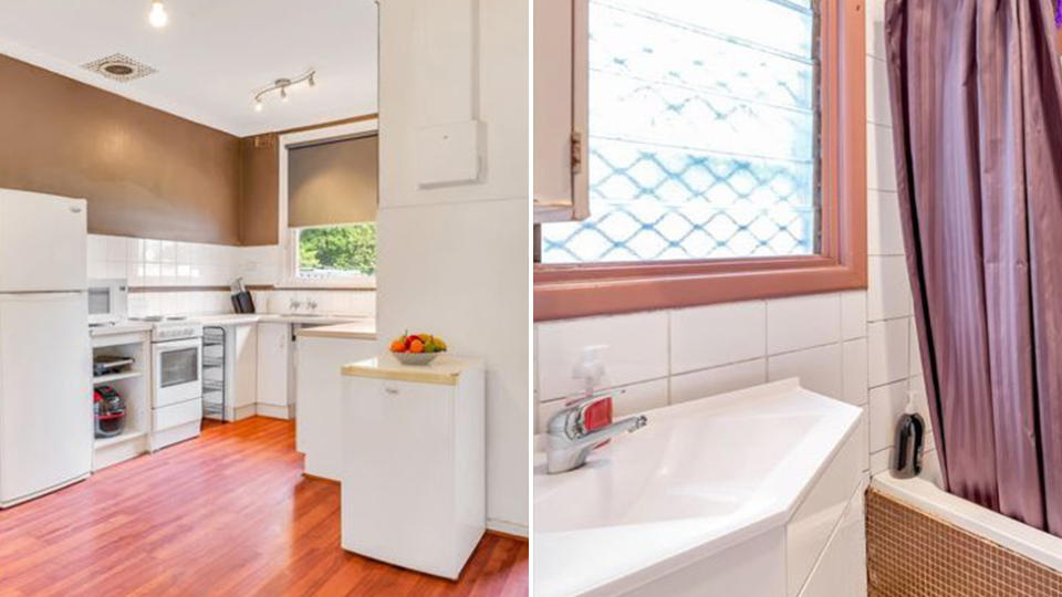 Photo shows the modern kitchen complete with timber floors and the bathroom.