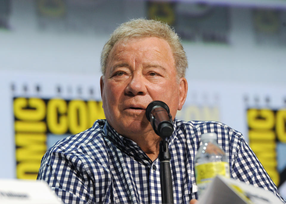 William Shatner talks during the "Masters of the Universe: 40 Years" panel at Comic-Con International: San Diego in July 2022