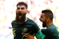 Soccer Football - World Cup - Group C - Denmark vs Australia - Samara Arena, Samara, Russia - June 21, 2018 Australia's Mile Jedinak celebrates scoring their first goal REUTERS/Michael Dalder