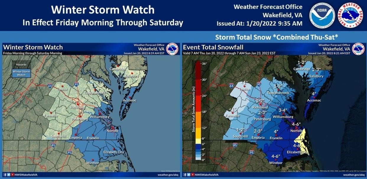 The National Weather Service updated its anticipated snow accumulations for the Tri-City area from a maximum six inches to three because Friday's storm is now heading on a more easterly path than predicted.