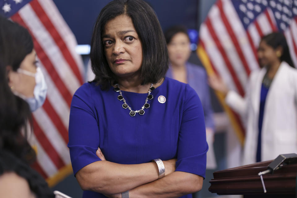 FILE - Rep. Pramila Jayapal, D-Wash., chair of the House Progressive Caucus, attends an event on heart health for South Asians, at the Capitol in Washington, July 28, 2022. “New York was just a mess,” said Jayapal, chair of the Congressional Progressive Caucus. “It was like the timing of the redistricting maps. I mean, that’s not a situation that’s going to get repeated a lot.” (AP Photo/J. Scott Applewhite, File)