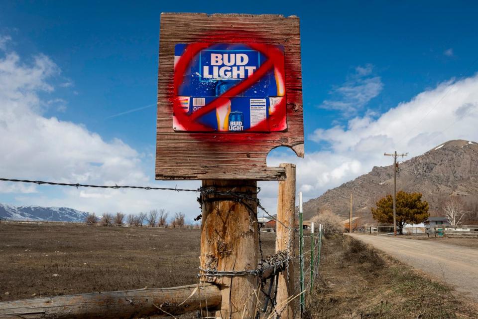 PHOTO: A sign disparaging Bud Light beer is seen along a country road, on April 21, 2023, in Arco, Idaho. (Natalie Behring/Getty Images, FILE)