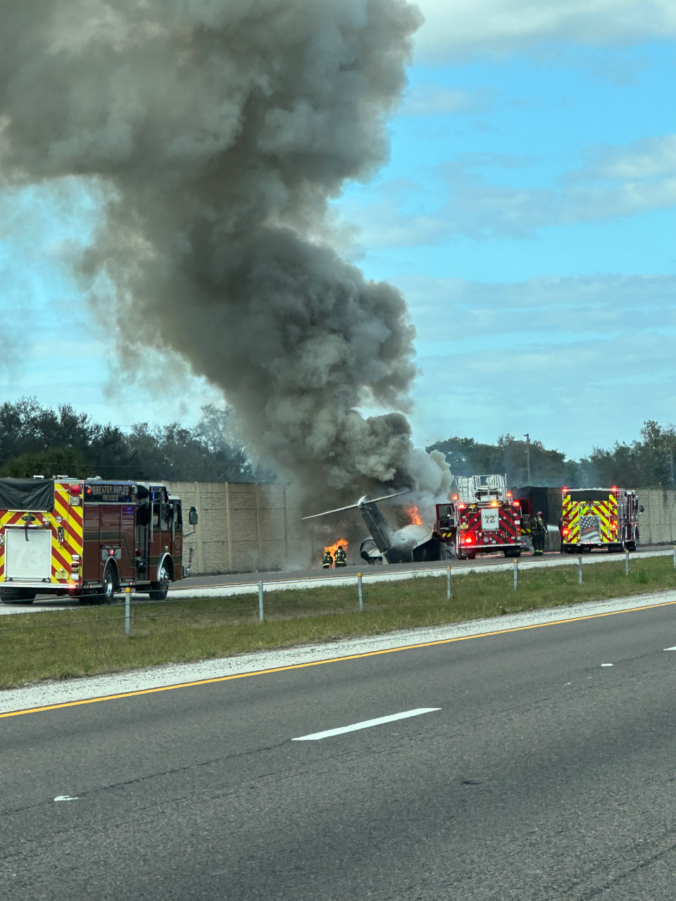Smoke pours from the downed Bombardier Challenger 600 jet that crashed Friday along Interstate 75 near Naples, Florida. Two of the five people aboard were reported killed.