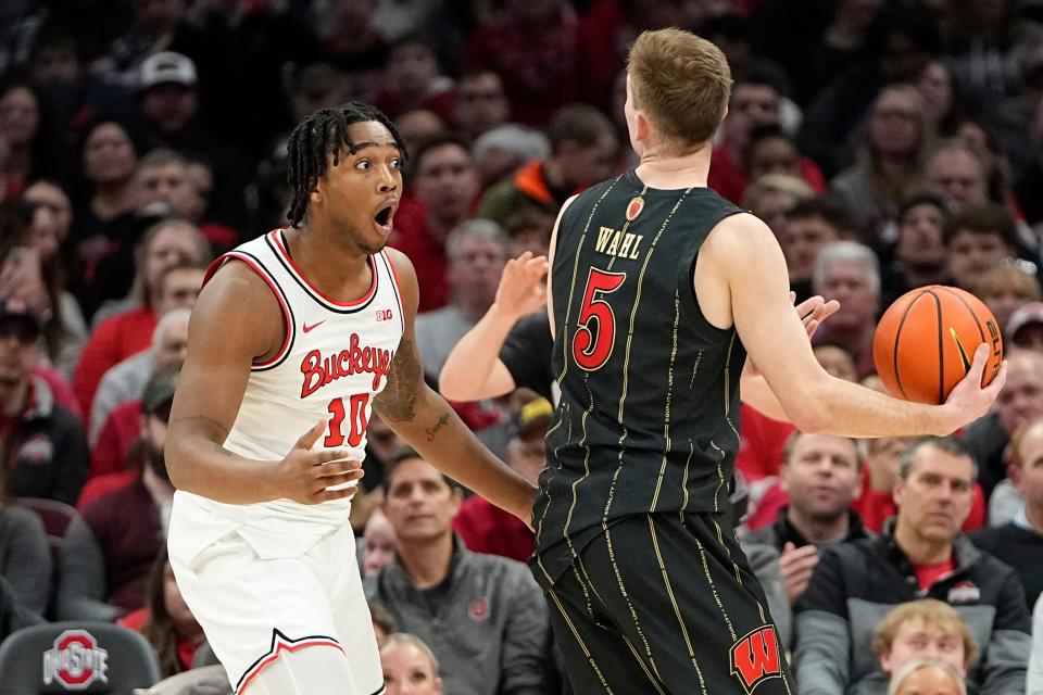 Ohio State forward Brice Sensabaugh reacts after being called for a foul while defending Wisconsin's Tyler Wahl.