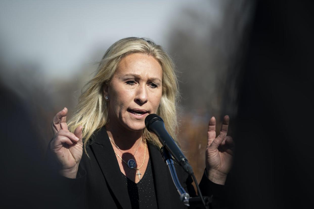 <span class="caption">Is 'expressing regrets' the equivalent of sticking air quotes around apologies?</span> <span class="attribution"><a class="link " href="https://www.gettyimages.com/detail/news-photo/rep-marjorie-taylor-greene-r-ga-speaks-during-a-news-news-photo/1230985439?adppopup=true" rel="nofollow noopener" target="_blank" data-ylk="slk:Caroline Brehman/CQ-Roll Call, Inc via Getty Images;elm:context_link;itc:0;sec:content-canvas">Caroline Brehman/CQ-Roll Call, Inc via Getty Images</a></span>