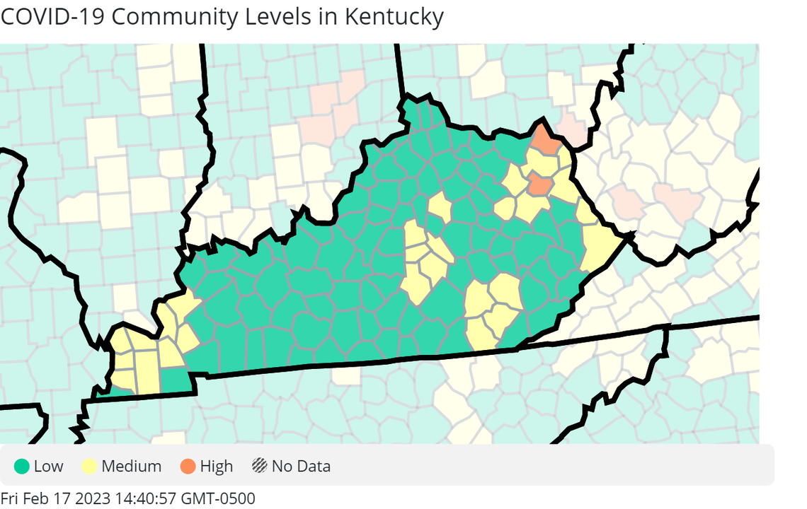 Kentucky’s latest COVID-19 community levels from the U.S. Centers for Disease Control and Prevention.