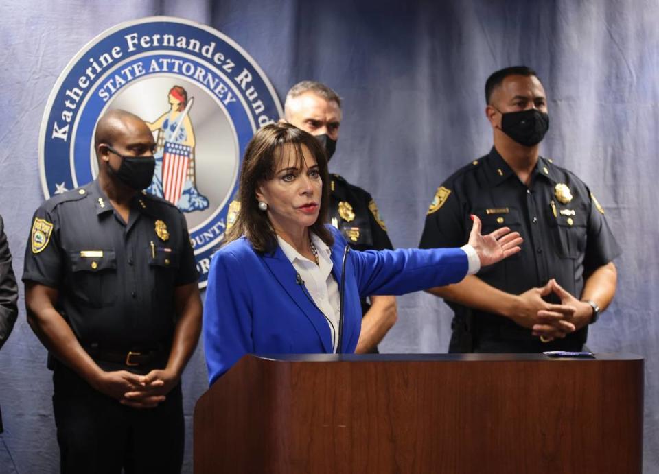 State Attorney Katherine Fernandez Rundle announces the arrest of five Miami Beach police officers on Monday, Aug. 2, 2021. She also shared the video.