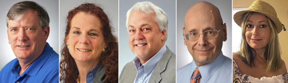 FILE - This photo combination shows the victims of the shooting in the newsroom of the Capital Gazette in Annapolis, Md., on Thursday, June 28, 2018. From left, John McNamara, Wendi Winters, Rob Hiaasen, Gerald Fischman and Rebecca Smith. (The Baltimore Sun via AP)
