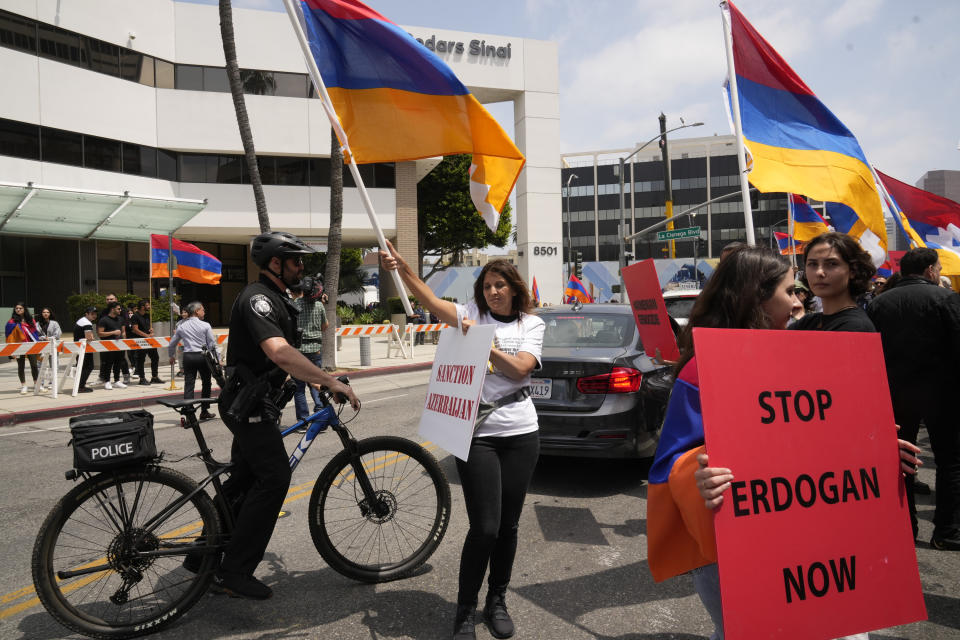 Armenian Americans commemorate the 108th anniversary of the Armenian Genocide Remembrance Day with a protest outside the Consulate of Turkey in Beverly Hills, Calif., Monday, April 24, 2023. (AP Photo/Damian Dovarganes)