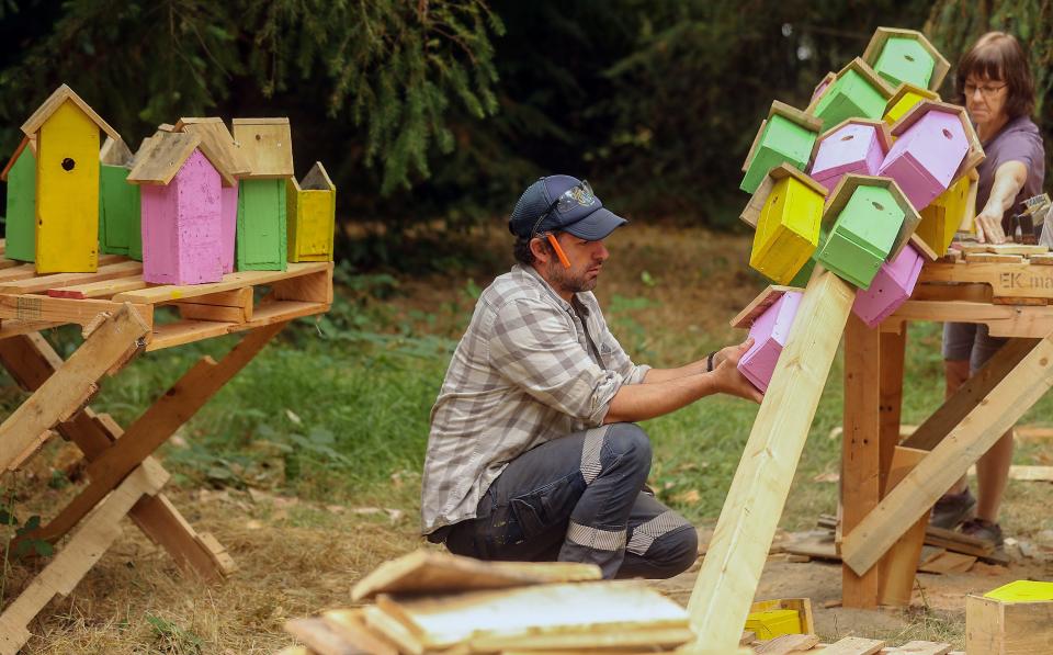 "Troll Crew" member Xavier Turisini attaches assembled birdhouses to a post as part of artist Thomas Dambo's "Pia the Peacekeeper" in Sakai Park on Bainbridge Island, Wash. on Friday, Aug. 18, 2023.