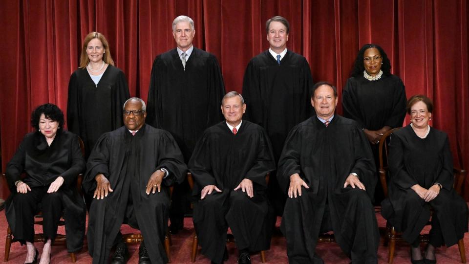 PHOTO: Justices of the US Supreme Court pose for their official photo at the Supreme Court in Washington, DC on Oct. 7, 2022. (Olivier Douliery/Getty Images, FILE)