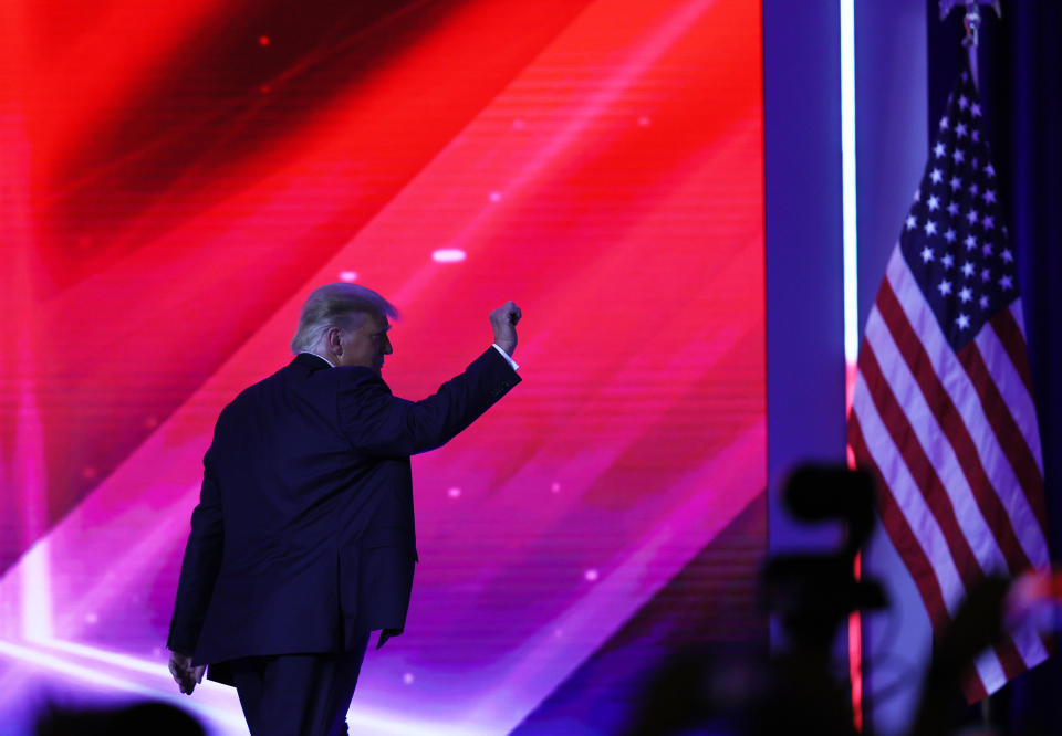 ORLANDO, FLORIDA - FEBRUARY 28:  Former President Donald Trump walks off stage after an address to the Conservative Political Action Conference (CPAC) held in the Hyatt Regency on February 28, 2021 in Orlando, Florida. Begun in 1974, CPAC brings together conservative organizations, activists, and world leaders to discuss issues important to them. (Photo by Joe Raedle/Getty Images)