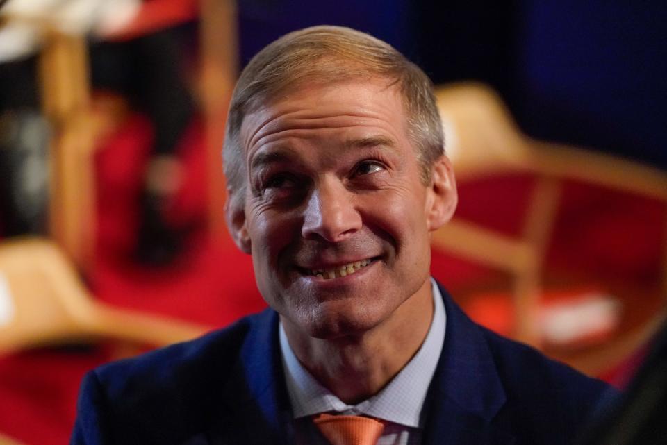 Rep. Jim Jordan, R- Ohio, smiles as he arrives for the first presidential debate Tuesday, Sept. 29, 2020, at Case Western University and Cleveland Clinic, in Cleveland, Ohio. (AP Photo/Julio Cortez)