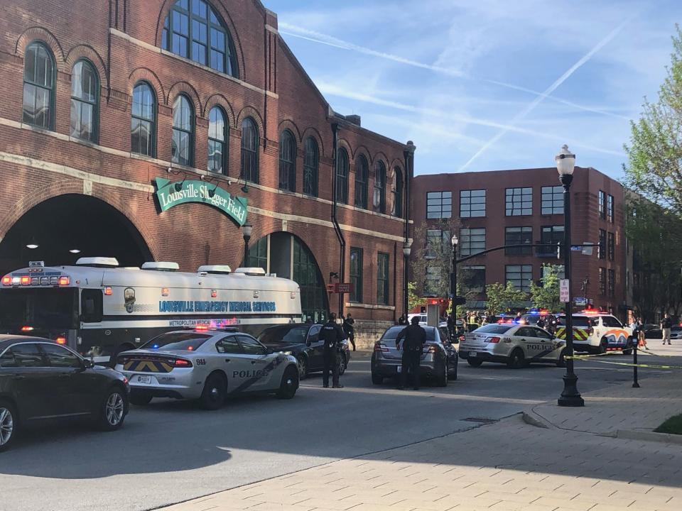 Louisville Metro Police are on the scene of an "active police situation" that includes mass casualties on Monday, April 10, 2023, on East Main Street in downtown Louisville.