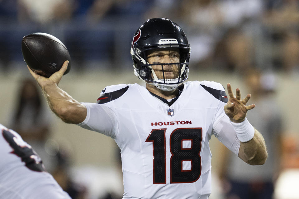 Aug 1, 2024; Canton, Ohio, USA; Houston Texans quarterback Case Keenum (18) throws the ball against the Chicago Bears during the second quarter at Tom Benson Hall of Fame Stadium. Mandatory Credit: Scott Galvin-USA TODAY Sports