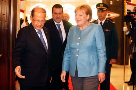 Lebanese President Michel Aoun meets with German Chancellor Angela Merkelat the presidential palace in Baabda, Lebanon June 22, 2018. REUTERS/Mohamed Azakir