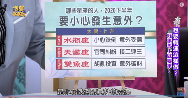 艾菲爾警示，水瓶座、天蠍座、雙魚座在下半年容易遇上天災人禍。（圖／YouTube／命運好好玩）