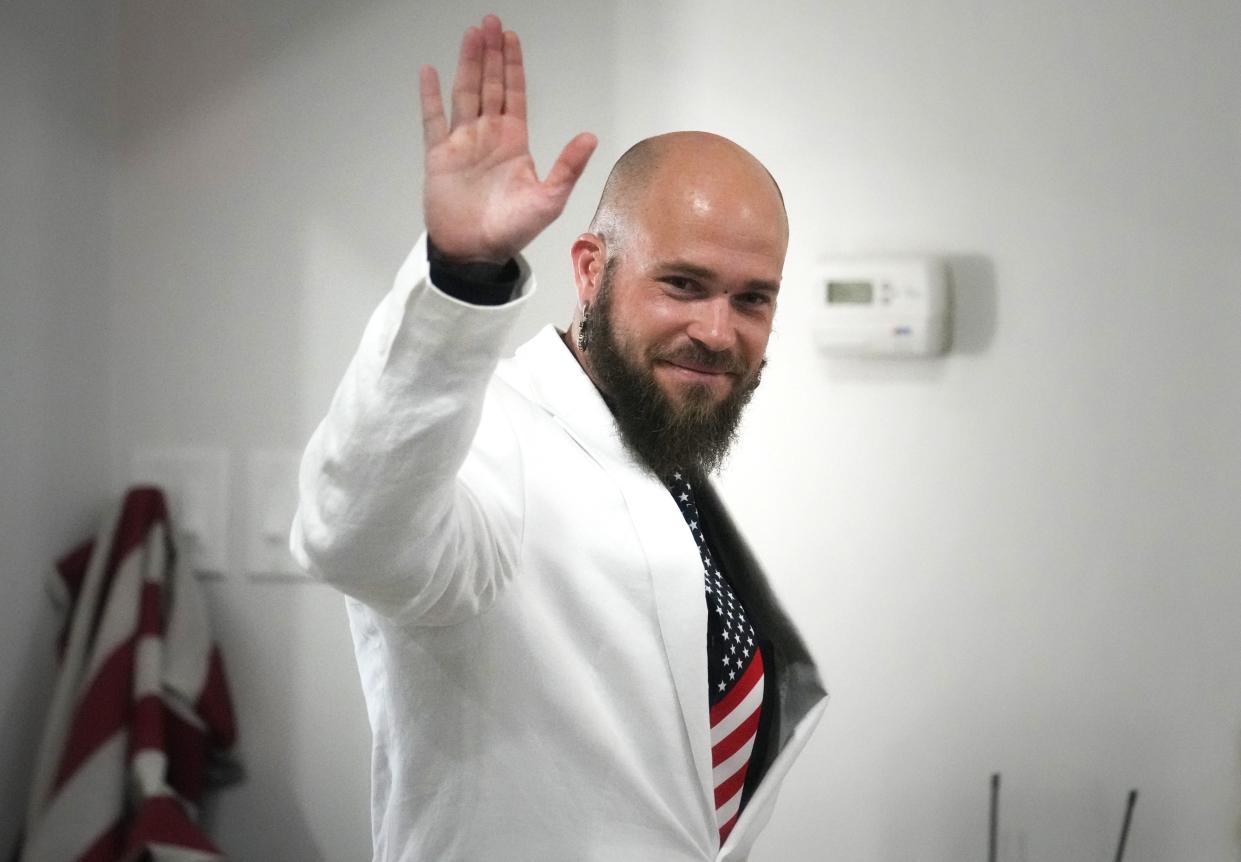 Jake Angeli greets supporters during his welcome home rally  on May 28, 2023, in Scottsdale.