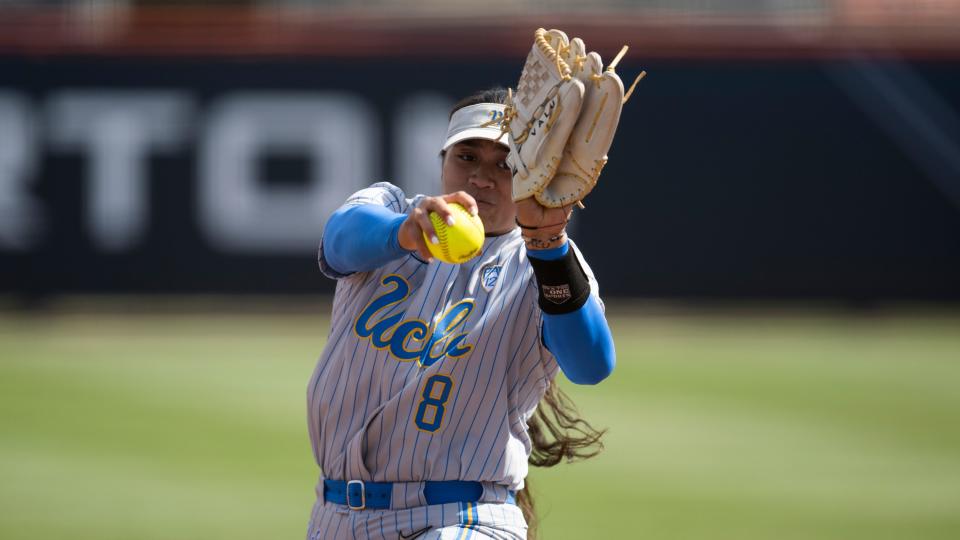 UCLA starting pitcher Megan Faraimo (8) delivers a pitch against Fresno State on March 3 in Los Angeles.