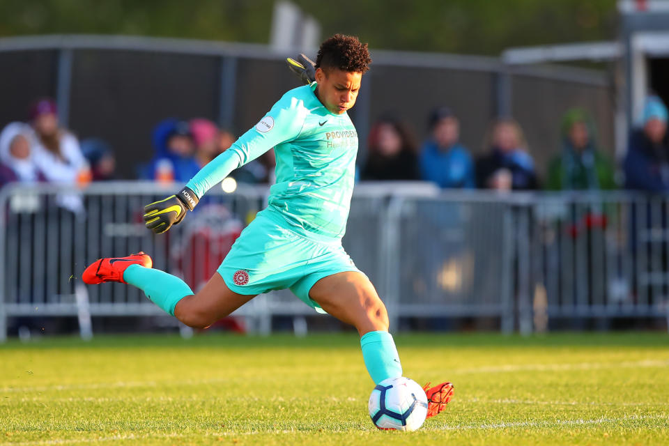 PISCATAWAY, NJ - APRIL 28:  Portland Thorns FC goalkeeper Adrianna Franch (24) during the second half of the National Womens Soccer League game between Sky Blue FC and the Portland Thorns FC on April 28, 2019 at Yurcak Field in Piscataway, NJ.   (Photo by Rich Graessle/Icon Sportswire via Getty Images)