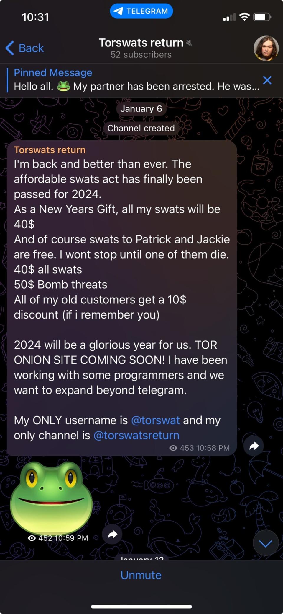 After Alan Filion’s arrest, the Torswats Telegram channel is back advertising ‘swats’ for as little as $40 (Screenshot)