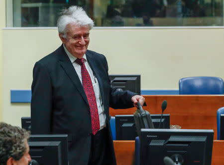 Former Bosnian Serb leader Radovan Karadzic appears in a courtroom before the International Residual Mechanism for Criminal Tribunals (MICT), which is handling outstanding war crimes cases for the Balkans and Rwanda, in The Hague, Netherlands, April 23, 2018. REUTERS/Yves Herman/Pool