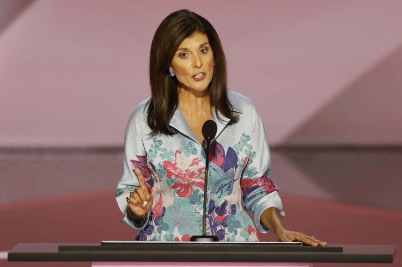Former UN Ambassador Nikki Haley offers her "strong endorsement" of Donald Trump on Tuesday at the 2024 Republican National Convention at Fiserv Forum in Milwaukee, Wisconsin. Photo by Tannen Maury/UPI
