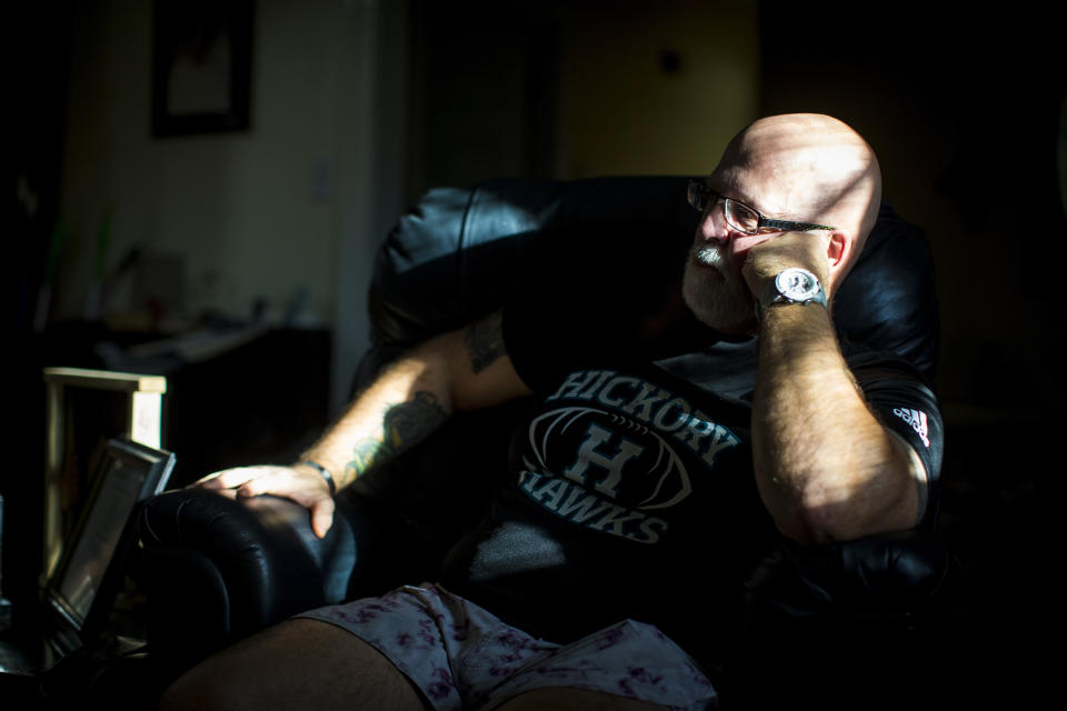 Robert Decker, father of sailor Kody Lee Decker, speaks in his home in Chesapeake, Va., on Tuesday, March 14, 2023, about his son's October 2022 suicide. Robert believes Kody might still be alive if he had been given better access to mental health instead of being put on limited duty, deprived of his sense of purpose and made to “muster in and go sit in a damn car all day.” (AP Photo/John C. Clark)