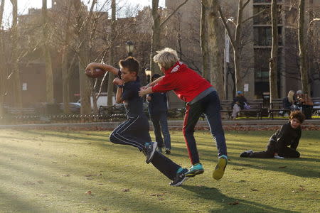 Young boys play in a park during an unusually warm winter day in Brooklyn, New York December 15, 2015. REUTERS/Lucas Jackson