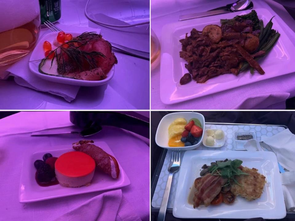 Photo collage of Air New Zealand's Boeing 787 business class food from NY to Auckland, including caviar, lamb and potatoes, cannoli, fruit, and pastry; and potatoes and bacon.