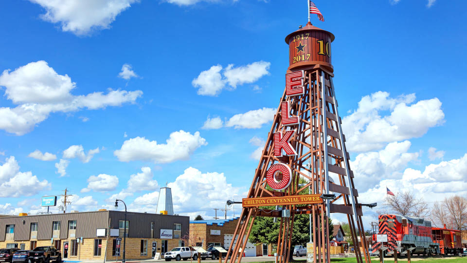 Elko, Nevada, USA - April 25, 2019: Daytime view of the Chilton Centennial Tower located in the heart of Elko on Seventh Street between Railroad and Commercial streets.