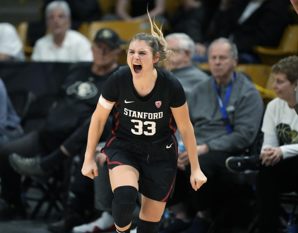 Stanford guard Hannah Jump reacts after hitting a 3-point basket in the second overtime of an NCAA college basketball game against Colorado, Thursday, Feb. 23, 2023, in Boulder, Colo. (AP Photo/David Zalubowski)