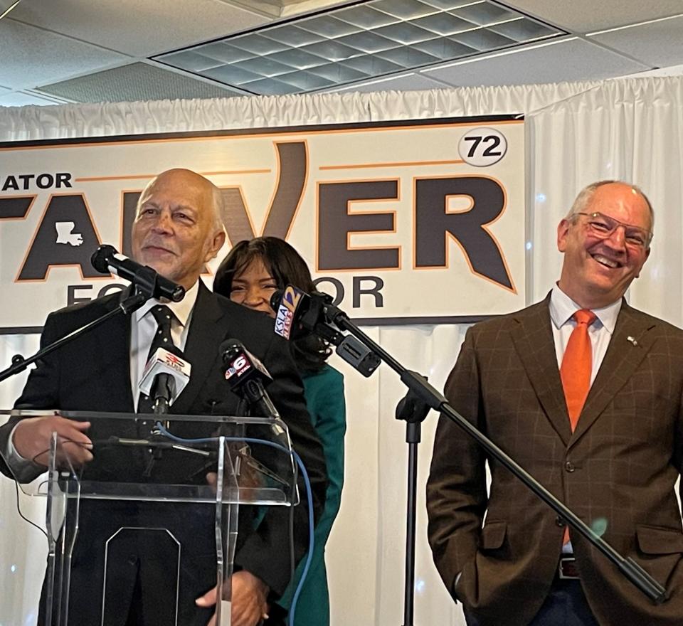 Sen. Greg Tarver, left, reacts after Democratic Gov. John Bel Edwards, right, traveled to Shreveport on Nov. 29, 2022, to endorse Tarver in the city's mayoral race.