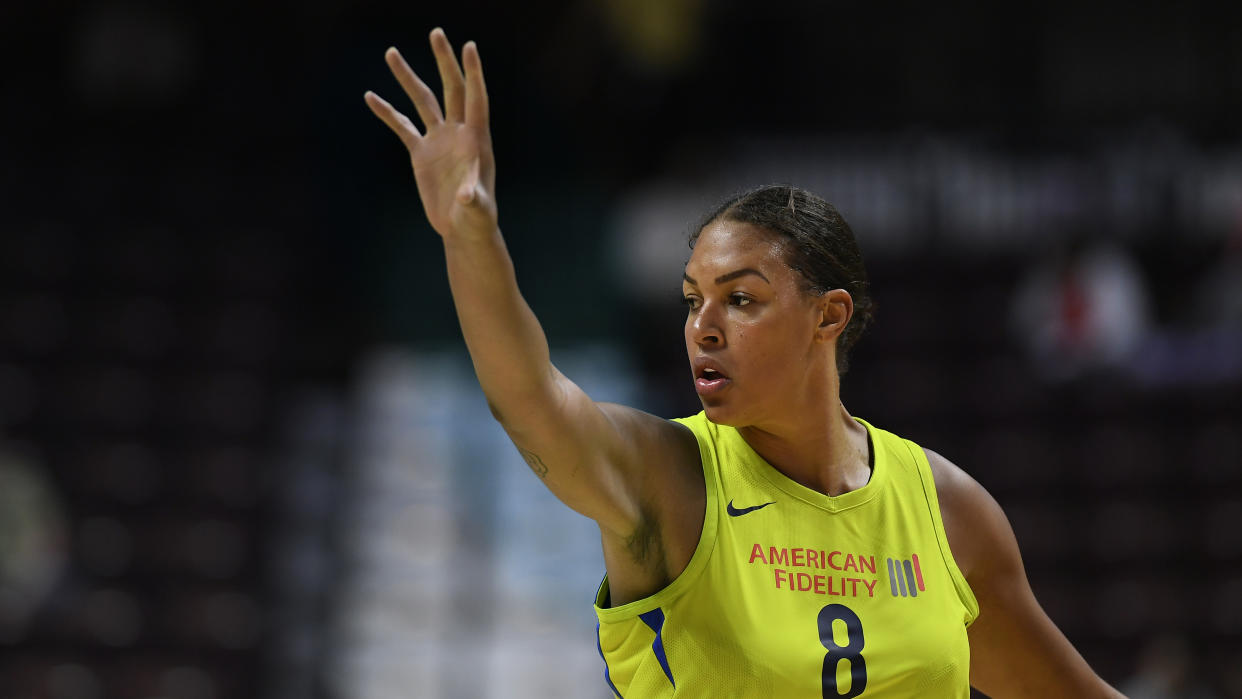 Dallas Wings’ Liz Cambage during a preseason WNBA basketball game, Tuesday, May 8, 2018, in Uncasville, Conn. (AP Photo/Jessica Hill)