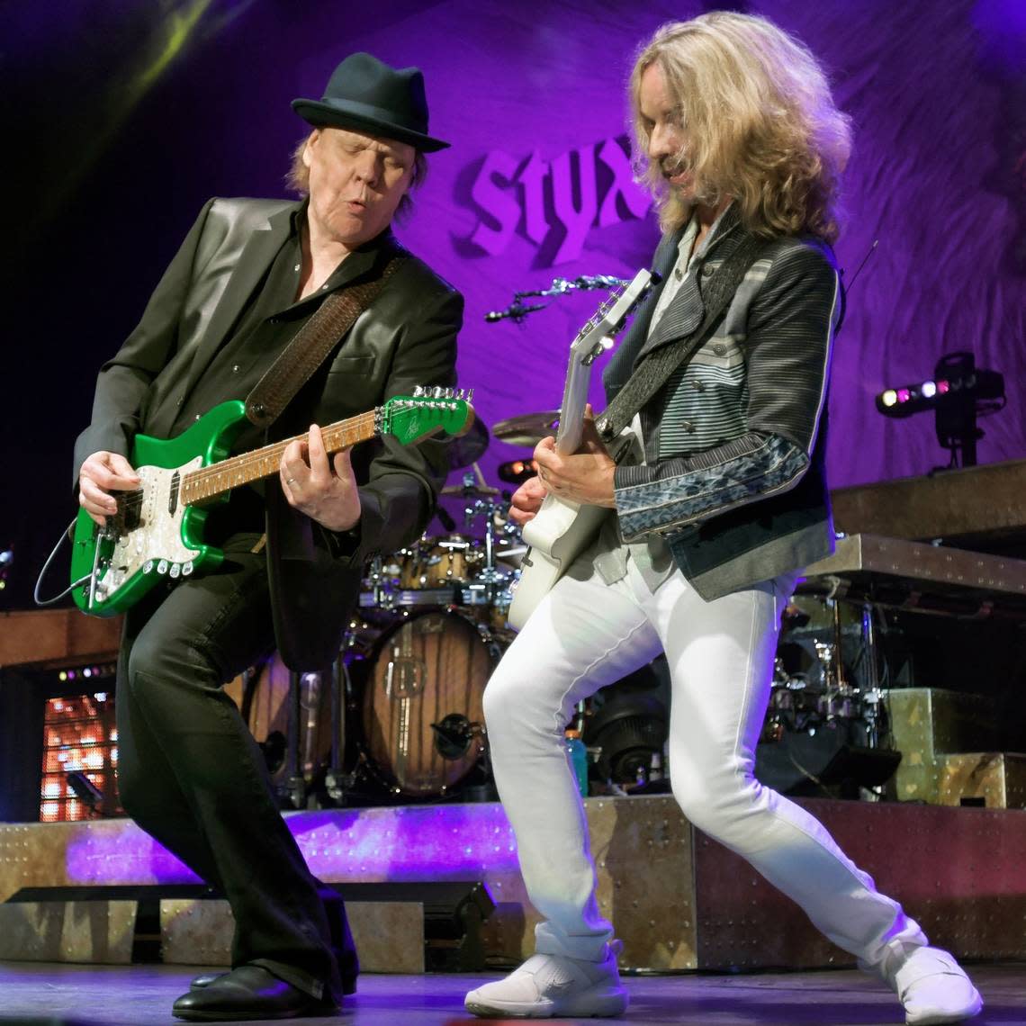 Styx’s James Young and Tommy Shaw jam together at Raleigh, N.C.’s Coastal Credit Union Music Pavilion at Walnut Creek, Wednesday night, Aug. 10, 2022.